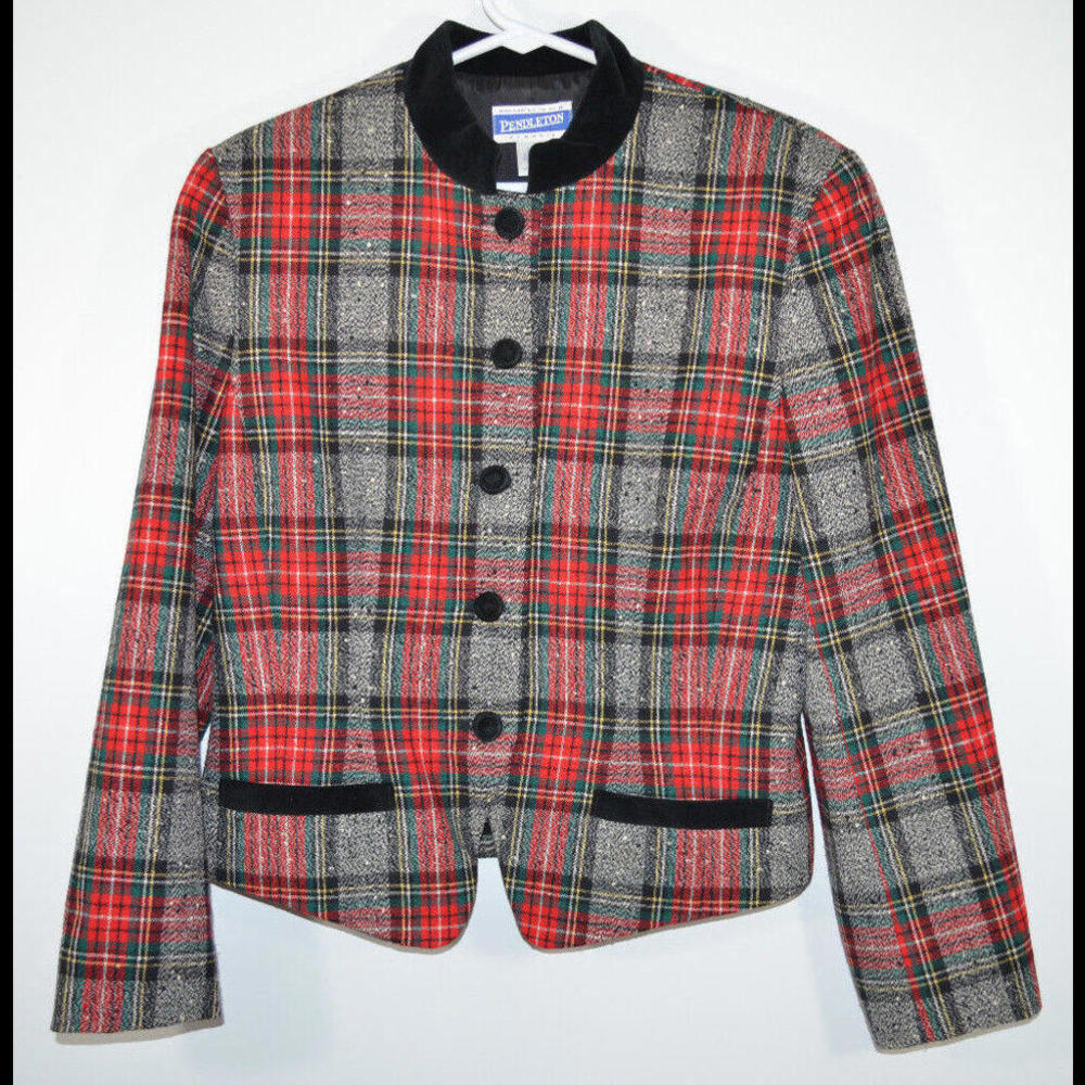 Pendleton Classic Plaid Wool Jacket Velvet Collar Gray/Red/Black Women's Size 8